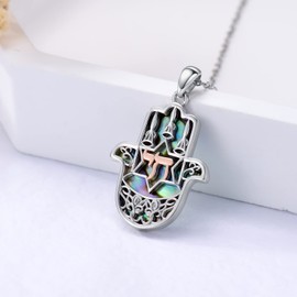 VONALA Hebrew Chai Necklaces Sterling Silver Hamsa Hand Pendant Necklace with Abalone Shell Jewish Jewelry Christian Gifts for Women Men