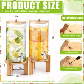 FillTouch 2 Pack 1.5 Gallon Glass Drink Dispensers for Party, Beverage Dispensers with Stand, Spigot and Bamboo Lid Leakproof for Juice, Tea, Water, Lemonade and Party Drinks