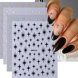 Star Nail Sticker Shiny Star Nail Decals 8PCS Self-Adhesive Gold Laser Silver Black Stars Design Summer Sliders Manicure Accessories Y2K Nail Art Supplies for Women DIY Nail Decorations Charms