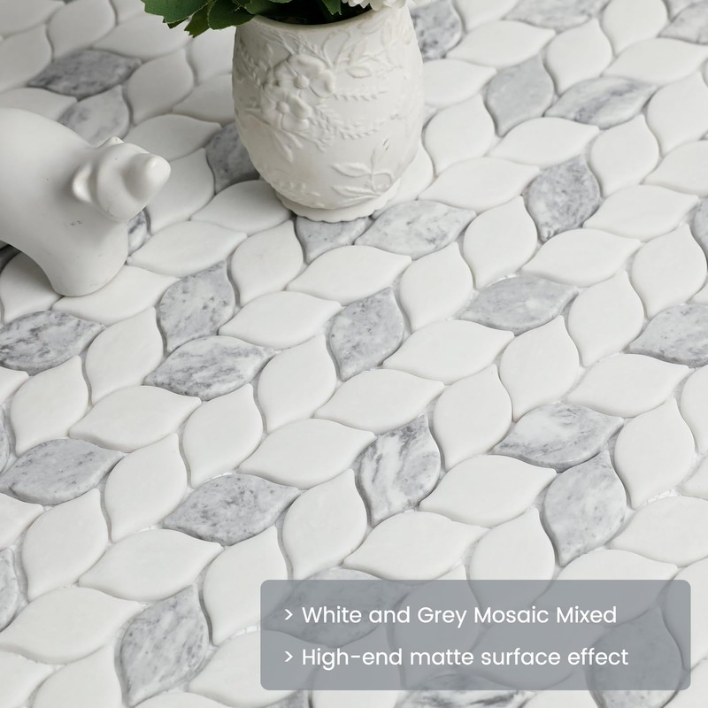 Glass Mosaic Tile Backsplash Leaf-Shape Marble Look