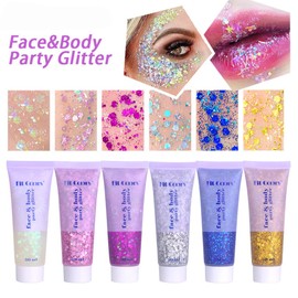 Yeweian Silver Body Face Glitter Gel, Liquid Holographic Chunky Glitter Singer Concerts Music Festival Rave Accessories, Mermaid Lip Eye Nails Hair Body Glitter Makeup,50g
