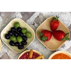 FOOGO Green 25 Disposable Mini Palm Leaf Plates, XSmall 4"(10cm) Mini Dip Square, Dips Sauces and Ketchup Pots, Eco Friendly Bio compostable Plates, Like Dip Bowls Wooden Plates, Party Wedding