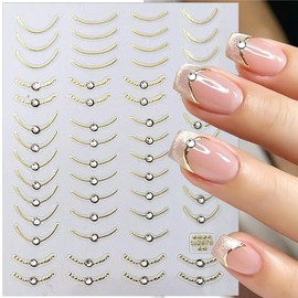 French Tip Nail Stickers for Nail Art Self-Adhesive Pegatinas Uñas 3D Metallic Nail Design French Tip Stickers Gold Silver Line Nail Art Stickers with Diamond Nail Decals for Manicure DIY Accessories