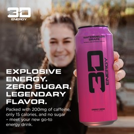 3D Energy Drink – Watermelon Grape, Sugar Free, 200mg Caffeine, Pre Workout, Taurine, L-Carnitine, Lightly Carbonated, 16oz Cans, 12 Pack