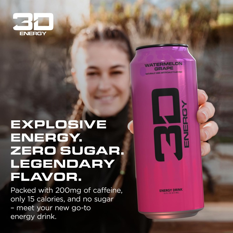 3D Energy Drink – Watermelon Grape, Sugar Free, 200mg Caffeine,