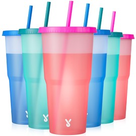 Meoky Plastic Cups with Lids and Straws - 6 Pack 40 oz Tumblers Bulk, Reusable Color Changing Cups for Party, Car, Women, Adults, Iced Coffee, BPA-free