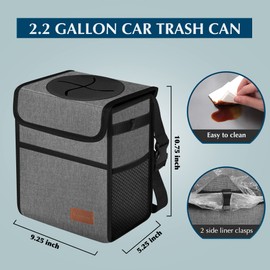 Femuar Car Trash Can Leak Proof Car Trash Bag Waterproof Car Garbage Can with Lid for SUV Front Seat Multipurpose Car Hanging for Headrest Collapsible and Portable with Storage Mesh Pocket, Grey