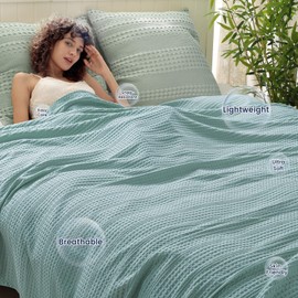 PHF Lightweight Waffle Weave Blanket Queen Size 90"x 90", Soft Woven Summer Blanket for Hot Sleepers - Aesthetic Home Decor for Couch Bed Sofa, Pet Friendly, Dusty Blue