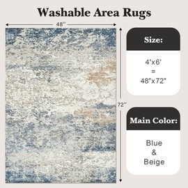 Art&Tuft Washable Rug, Anti-Slip Backing Abstract 4x6 Rug, Stain Resistant Rugs for Living Room, Foldable Machine Washable Area Rug (TPR18-Blue, 4'x6')