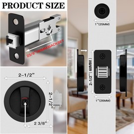 Round Pocket Door Lock and Edge Pull Matte Black Pocket Door Hardware with Color Coded Indicators， Privacy Pocket Door Latch for Door Thickness 1-1/4" to 2-1/5”(Backset 2-3/8"（60mm） Not Adjustable)