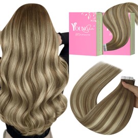 YoungSee Tape in Hair Extensions Real Human Hair Balayage Tape in Human Hair Extensions Light Brown Ombre Blonde Balayage Invisible Tape in Extensions Human Hair to Add Length 20In 20pcs 50g
