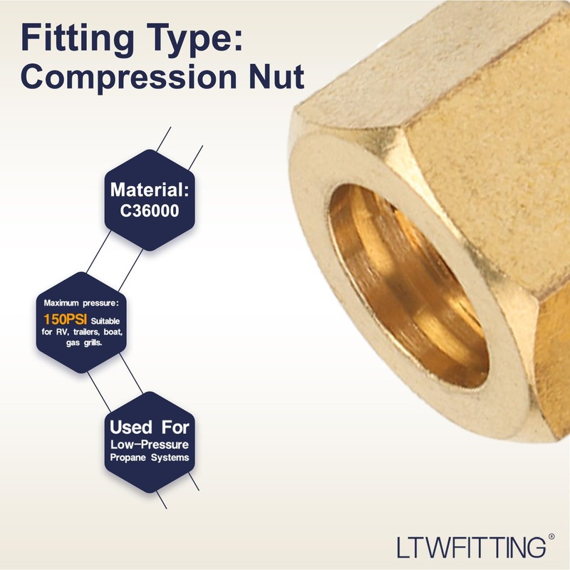 LTWFITTING 7/16-Inch Brass Compression Nut,Brass Compression Fitting(Pack of 25)