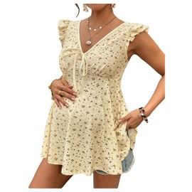 MakeMeChic Women's Maternity Shirts Floral V Neck Ruffle Sleeve Tie Front Peplum Pregnancy Tops Yellow Large