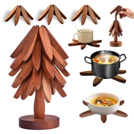 Wood Natural Tree Trivet Set, Christmas Tree Shape Trivets for Hot Dishes, 5-Piece Wooden Set with Stand for Pots, Bowls, Teapots (Dark Brown)