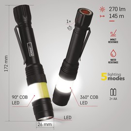 EMOS Metal LED Torch with Clip and Magnet, IP44 Waterproof, Ultralight 360° COB LED Torch with 5 Light Modes, Brightness 270 lm, Light Range 145 m, Running Time up to 15 Pieces