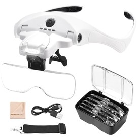Anpro Magnifying Glasses Headset with Light, 5 Detachable Lenses (1X-3.5X), 4 LED with Adjustable Brightness, Headband Magnifier with Additional Headstrap for Close Work, Jewelry, Watch Repair, Crafts
