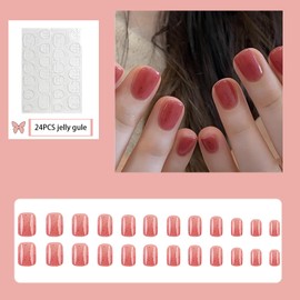 24Pcs Square False Nails Short,Purple French Press on Nails with Flower Designs, Acrylic Full Cover Pink Nails Tips with Jelly Glue for Women Nails Art (Strawberry Red, One Size)