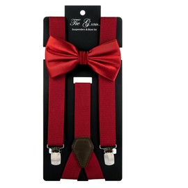 TIE G Solid Color Men's Suspender + Woven Bow Tie Set for Wedding : Vivid Color, Adjustable Brace, Strong Enhanced Clip, Elastic Band (Scarlet Red)