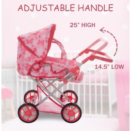 Dolls To Play 25" Baby Doll Stroller Pram w/ Carrier, Canopy & Storage Basket - Pink