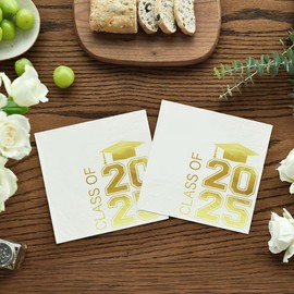 Horaldaily 100 Class of 2025 Graduation Disposable Cocktail Paper Decorative Luncheon Napkins, White and Gold Foil College High School Grad Celebration Hand Towel Party Lunch Dinner Kitchen Bathroom