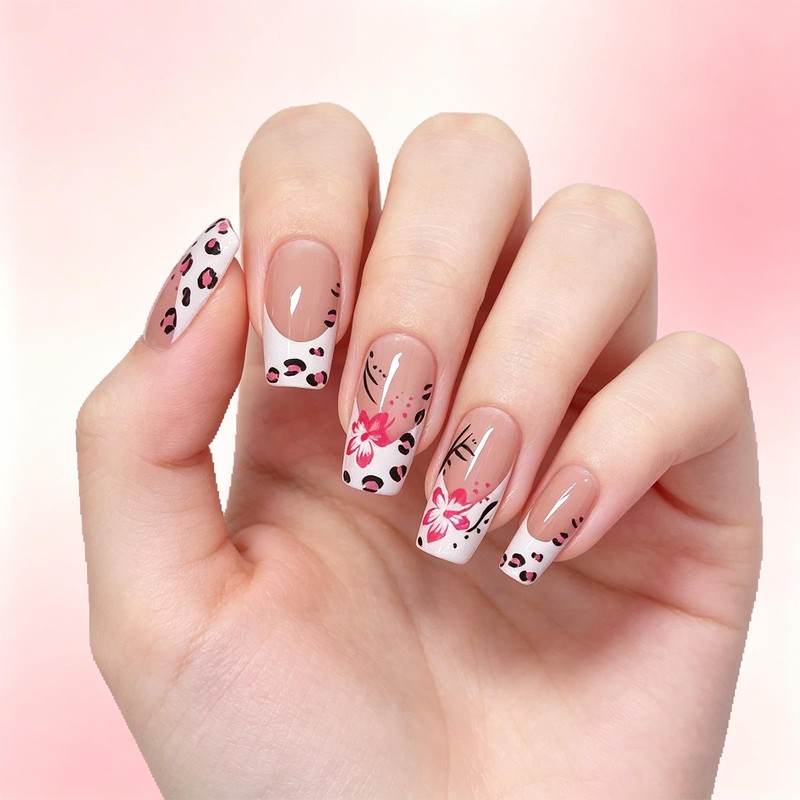 Leopard Print Press on Nails Flower False Nails with Polka