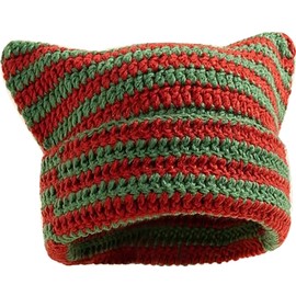 XYIYI Red Green Crochet Hats for Women Cat Ear Knit Hat Vintage Beanie Grunge Accessories Slouchy Beanies for Womens