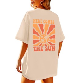 Womens Oversized Graphic Tees Hawaiian Beach Tropical Shirts Summer Hawaii Outfit Vintage Flower Short Sleeve T-Shirts Apricot M
