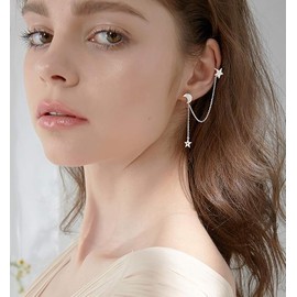 925 Sterling Silver Cuff Earrings Chain for Women Asymmetric Star Moon Earrings Crawler Earrings Dangling Chain (Silver, A pair)