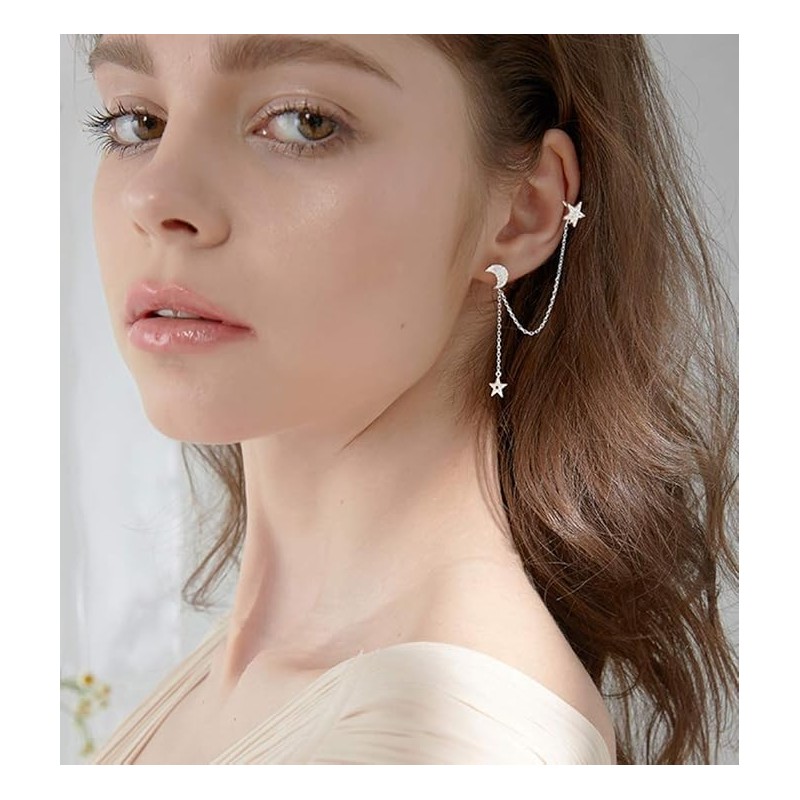 925 Sterling Silver Cuff Earrings Chain for Women Asymmetric Star