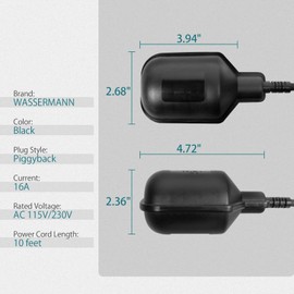 WASSERMANN Universal Tethered Sump Pump Float Switch with 10FT Cable (Piggyback Plug), AC 115V/230V 16Amps Float Switch for Water Tanks, Sump pump, Basement Sump basin, IP68 Waterproof, Black
