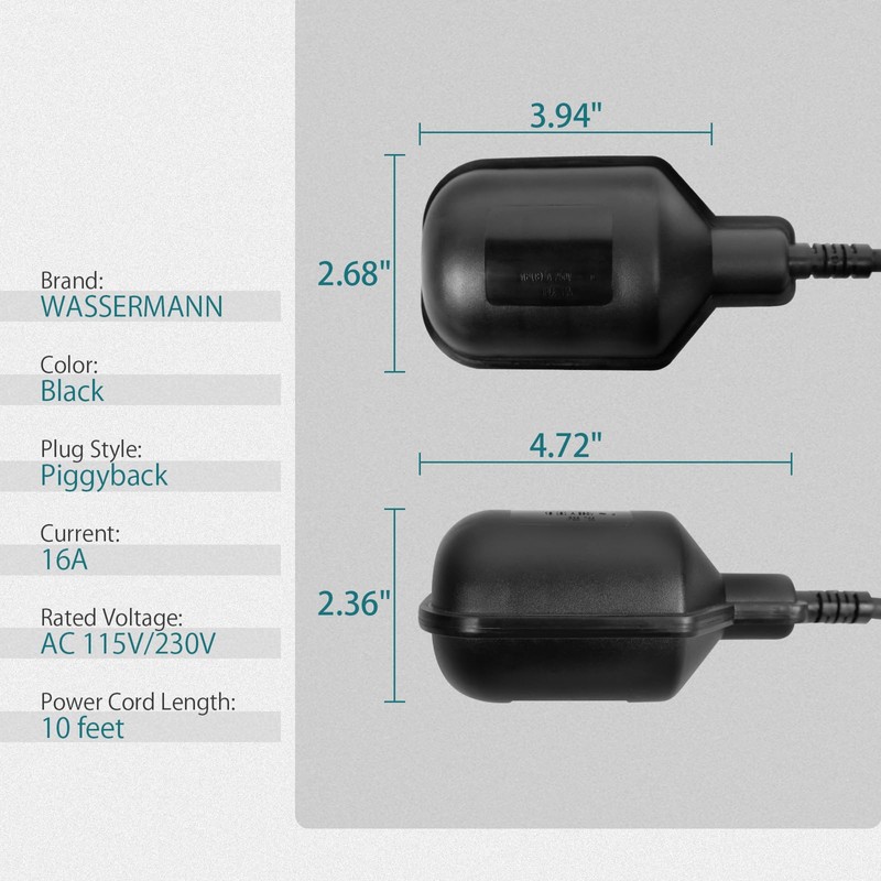 WASSERMANN Universal Tethered Sump Pump Float Switch with 10FT Cable