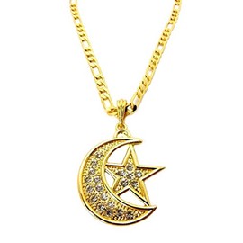 Shiny Jewelers USA Mens Hip Hop Muslim Islam Moon Star Crescent Pendant 24" Figaro Chain Necklace (Gold)