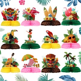 12 Pieces Hawaiian Luau Honeycomb Centerpieces 8 inch Base Big Size Hawaii Theme Party Luau Decoration Hawaii Cakes Balls Table Toppers Hawaii Paper Centerpiece Signs for Dinosaur 3D Table Decor