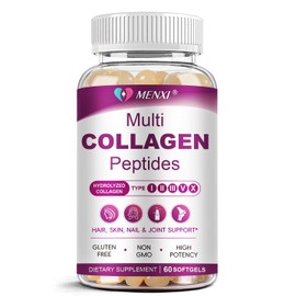 Multi Collagen Peptides Softgel for Women & Men - Type I, II, III, V, X - Hydrolyzed Collagen Peptides with Biotin, Vitamin C & Hyaluronic Acid - Support Skin, Hair, Nail & Joint - Non-GMO, 60 Softgel