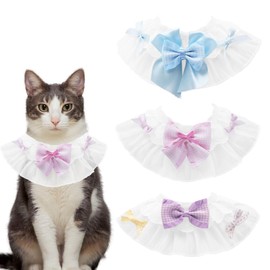 3 PCS Chiffon Cat Bibs with Bows, Sweet Lace Ruffle Dog Bib Collars, Cute Kitten Bandana Scarf, Pet Accessories for Girl Kitty Puppies Dogs (Small)