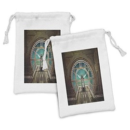 Ambesonne Steampunk Fabric Pouch Set of 2, Fantasy Background Print of Inside View of Clock Tower Wooden Mezzanine, Small Drawstring Bag for Toiletries Masks and Favors, 9" x 6", Pale Brown Turquoise