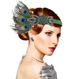 VENOFEN 1920s Feather Flapper Headpiece Roaring 20s Peacock Headband Gatsby Style Headband Green Rhinestone Hair Decoration Accessories for Women