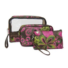 VGS Fashions Cosmetic Purse Case ~ Brown Pink Flowers Print Rectangle Cosmetic Makeup Pouch Purse Bags Set of 3 (1007 Rect)