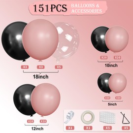 MOXMAY Dusty Pink Black Balloons Arch Kit, 151Pcs Black Pink and Bobo Balloons Garland 18 12 10 5 inch for Women Girls Birthday Wedding Bridal Shower Bachelorette Anniversary Party Decorations