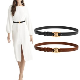 Women Skinny Leather Belt, 2 Pack Leather Belts for Women Adjustable Fashion Classic Belts Slim Thin Belts with Gold Buckle for Ladies Belts Dress Belt Waist Belt Jeans Pants (Black Brown)