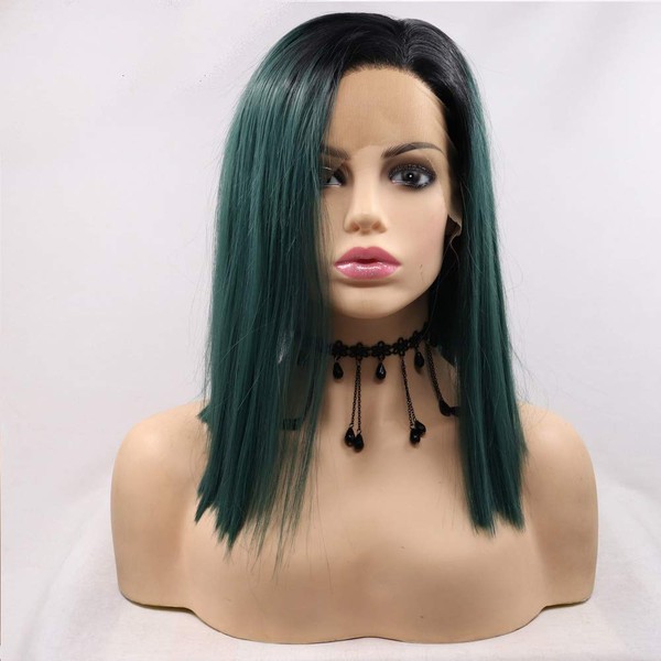 Xiweiya Short Cut Straight Ombre Color with Dark Root 14" Bob Wig Side Heat Resistant Fiber Bottle Green Synthetic Lace Front Wig Tied Replacement for Women