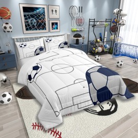 Football Boys Comforter Set King Size, Ball Games Sports Theme Soccer Print Quilt Set for Kids Teens Gamer Room Decor, Football Court Pattern Navy Blue Polyester Bedding Set with 2 Pillowcases