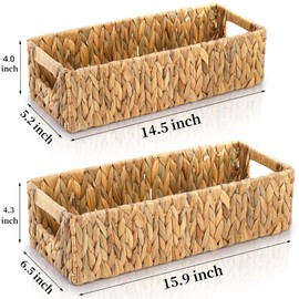Eorbow 2 Pack Wicker Storage Baskets, Water Hyacinth Holder for Toilet Paper, Rectangular Natural Bins with Built-in Handles, Handwoven Organizer for Bathroom Kitchen Pantry Tank Top, 2 Sizes