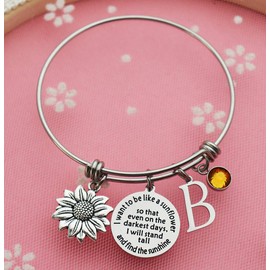 Eilygen Sunflower Bracelet Gift Initial Charm Bracelet 26 Letters Adjustable Bracelet for Women Encouragement Jewelry for Her (Sunflower Bangle B)