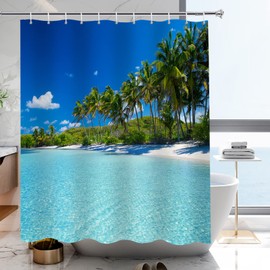YISURE Summer Beach Coconut Palm Tree Shower Curtain 180x200cm, Tropical Island Blue Sky Limpid Water Ocean Shower Curtain for Bathroom, 71"x79"