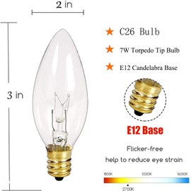 GOOTHY Clear Torpedo Tip Replacement Lights Bulbs, 7 Watt C26 Incandescent Bulbs UL Listed for Electric Window Candle Lamps, Nightlights, Chandeliers, C7/E12 Candelabra Base -Pack of 25