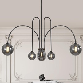 Kveosv Black Sputnik Chandelier, 6-Light Modern Chandelier for Dining Room, Living Room, Foyer, 41.2" Diameter, 30.4"-69.6" Adjustable Height, Smoke Gray Glass Shades