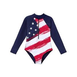 Century Star Girls Long Sleeve Swimsuit Rash Guard One Piece Bathing Suit Kids Toddler Cute Swimwear UPF50+ Zipper American Flag 8-9 Years