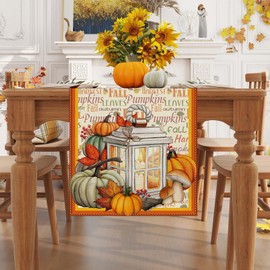 Linen Fall Table Runner 108 Inches Long Farmhouse Fall Leaves Pumpkin Table Decor Fall Autumn Thanksgiving Home Kitchen Dining Room Table Decorations