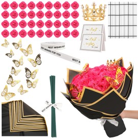 Ovveroche 36 PCS Glitter Roses Bouquet Kit, Hot Pink Sparkling Flower Arrangement with Stems, Butterflies, Crown, Wrapping Paper, Card, Ribbon for Wedding, Mother’s Day, Birthday, DIY Crafts